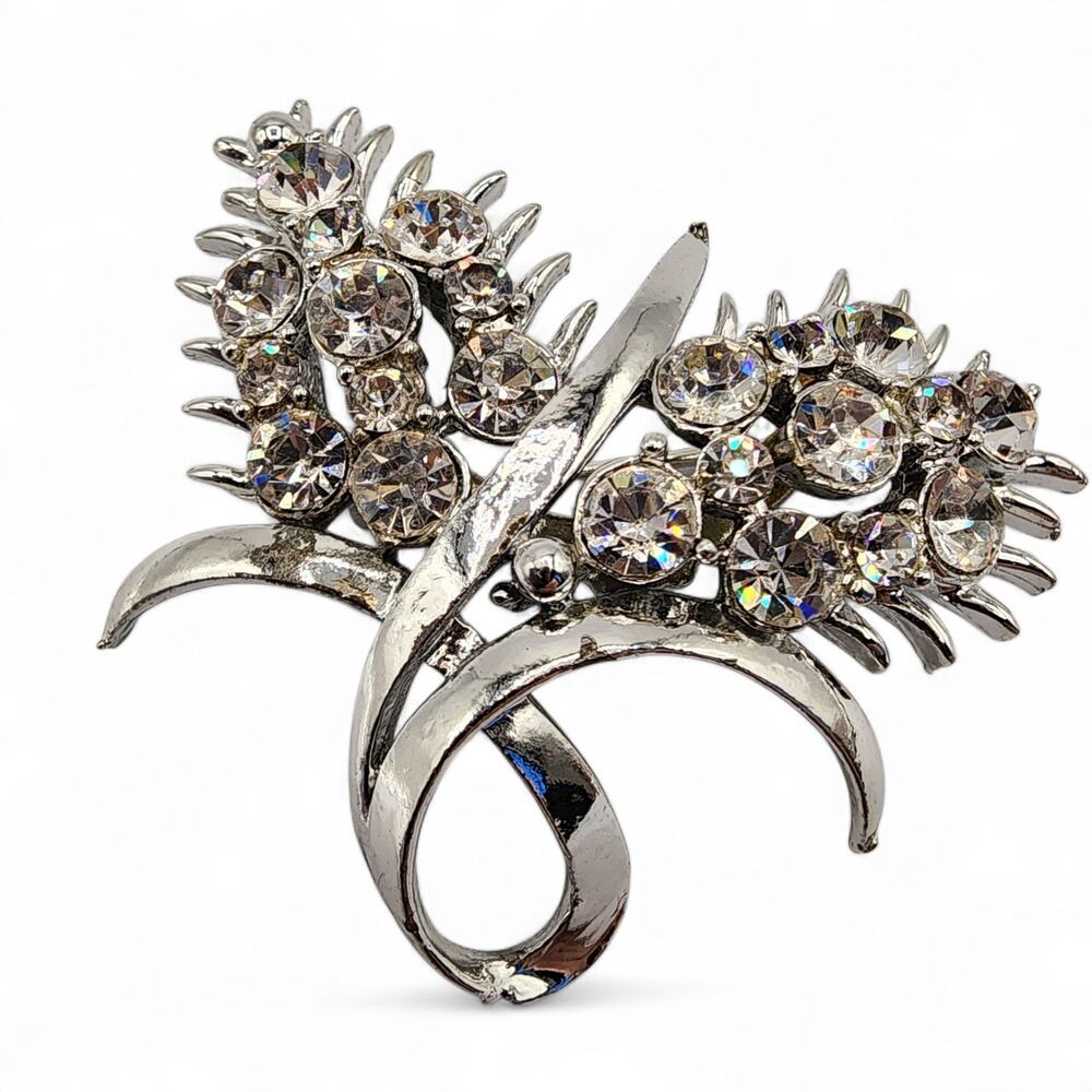 Vintage Rhinestone Floral Spray Brooch Mid-Century Mod Silver Tone Cocktail Pin
